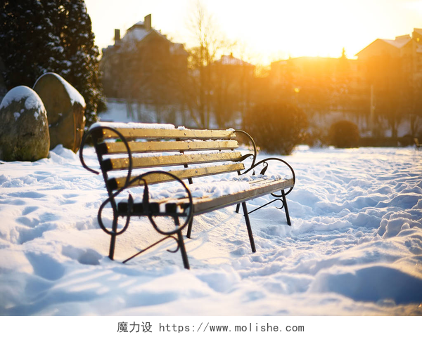 黄昏下雪地里的长凳特写镜头在冬季城市公园的长凳